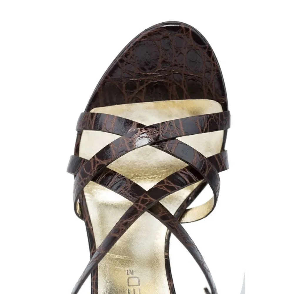 New DSQUARED 2 Women Shoes US 8 Brown Croc Embossed Leather High Heel Sandals